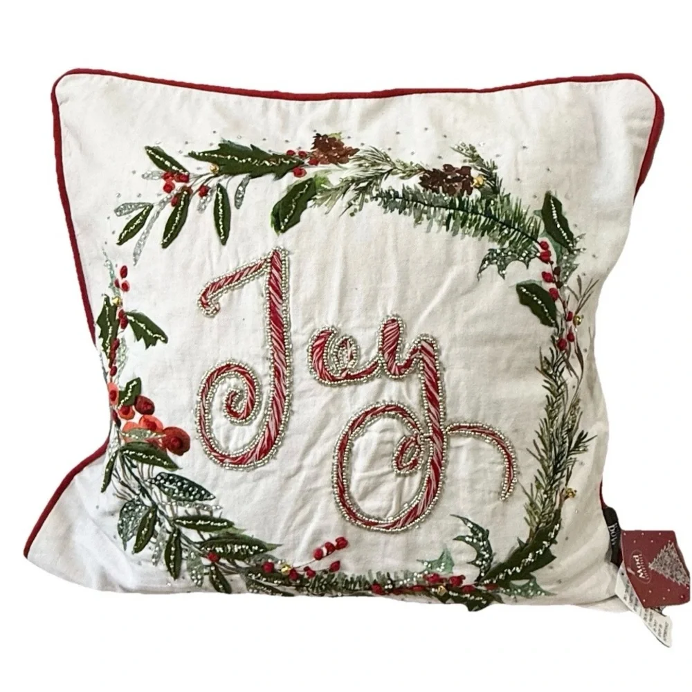 1pc MOD Lifestyles JOY Wreath Embroidery & Beads Christmas Pillow Cover 20X20